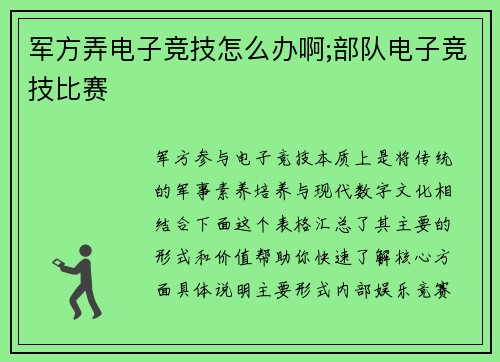 军方弄电子竞技怎么办啊;部队电子竞技比赛